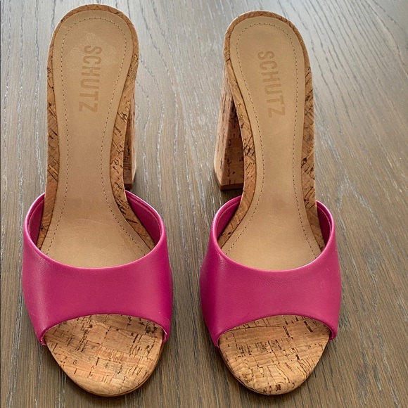SCHUTZ Shoes - SCHUTZ Pink Cork Block Heel Slide Sandals